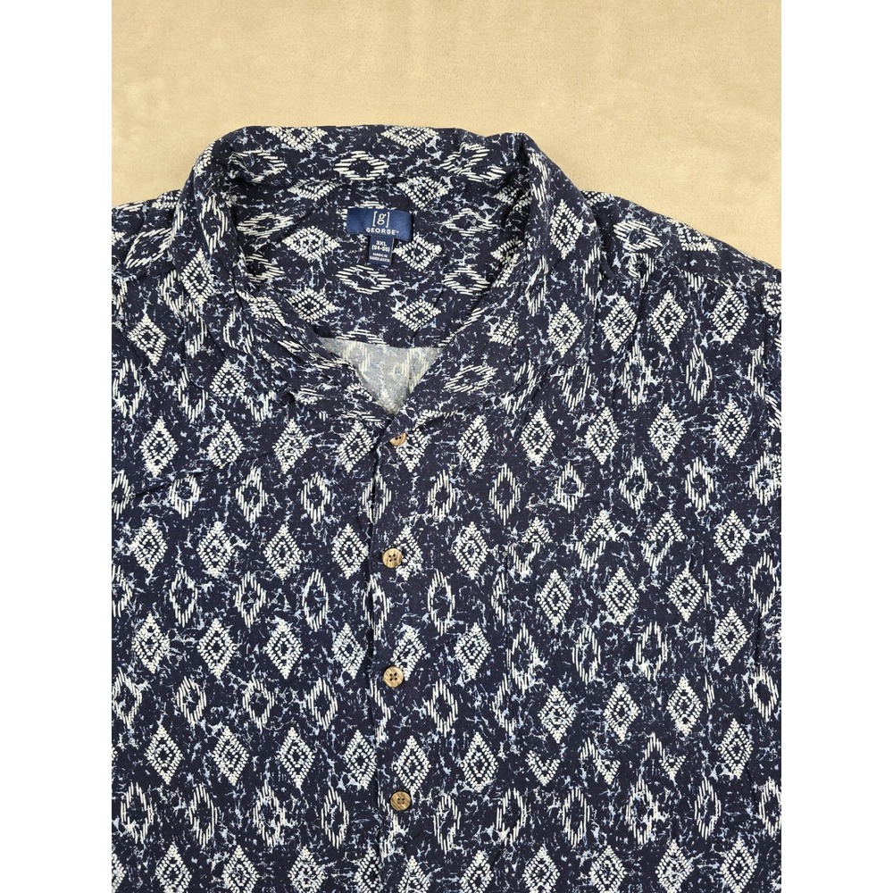 George Button Down Shirt Mens 3XL Blue Geometric Rayon Short Sleeve Casual